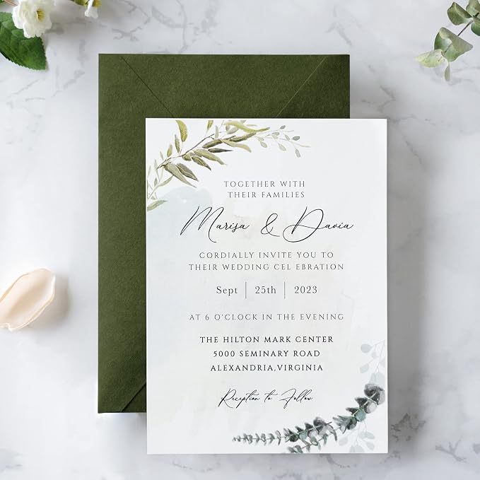 PONATIA 50 PCS/Pack A7 Envelopes, 5.25 x 7.25'' Olive Green 5x7 Envelopes for Weddings Invitation Cards, Christmas Gift Cards, Acrylic Invitations, Photos and Any 5x7" Inserts