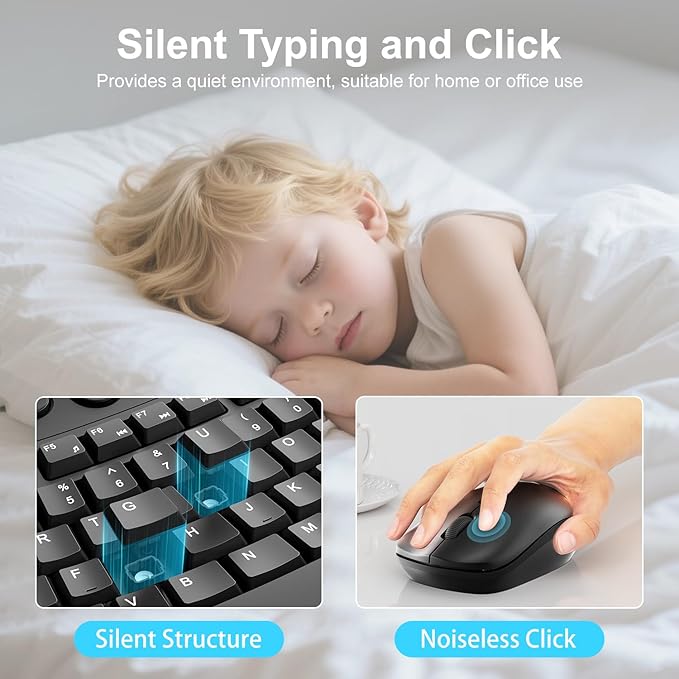 Wireless Keyboard and Mouse Combo, 2.4G Quiet Ergonomic Curved Keys (Black)