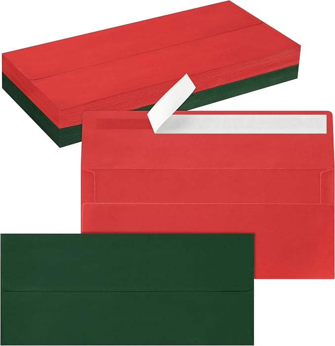 50 Pack #10 Christmas Red Green Envelopes Letter Size Business Envelopes | Self Seal Security Mailing Envelopes, 4 1/8 x 9 1/2 Inches