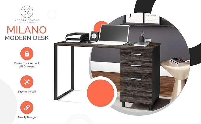 Modern Design Milano Office Computer Desk with 3 Locking Drawers, 48 Inch Grey and Black Industrial Wood Desk with Filing Drawer and Storage by Crafts and Comfort