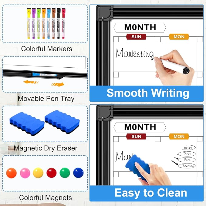 Calendar Whiteboard for Wall 48" x 36", 4 Month Dry Erase Calendar | Magnetic Dry Erase Calendar for Wall, Black Aluminum Frame, Dry Erase Board for Home School and Office Organization