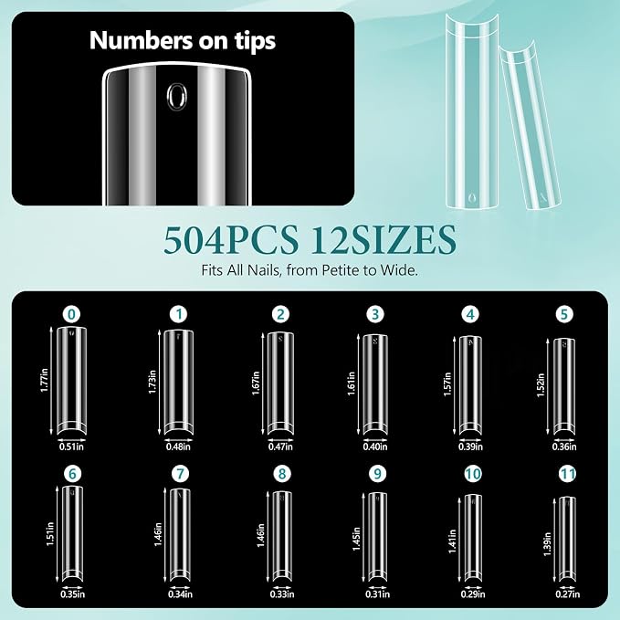 LIONVISON XXL Nail Tips Square: 504PCS Half Cover No C Curve Nail Tips | 12 Sizes Straight Tapered Square - Extra Long Clear Nails Tip for Acrylic Nails Professional Use for Home DIY