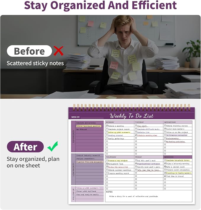 104 Pgs Weekly To Do List Notepad 52 Duplex-Printed Undated Sheets 100 GSM | （8.5"×11") Weekly Desk Planner For Work Home School Office Desk Accessories Supplies & Goal Setting Tasks - Purple