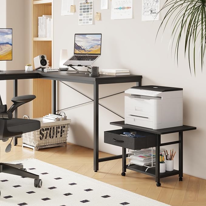 YAOHUOO 22"x15" Large Printer Stand with Drawer, 2-Tier Rolling Table Cart | Under Desk Printer Table,Storage Fabric Drawer,Fit printer/fax/3d/scanner,4 Lock Wheels or Feet,For Home Office Dorms,Black