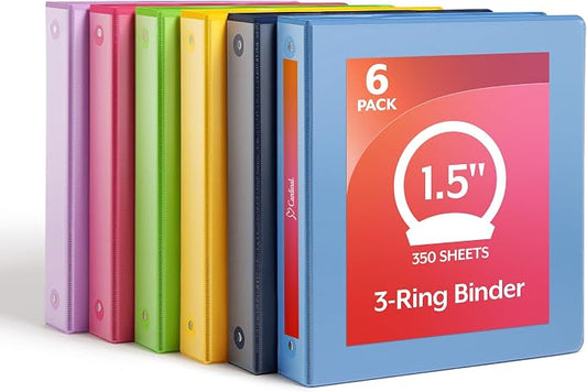 Cardinal 1.5 Inch 3 Ring Binders, 6 Pack, Assorted Colors, Holds 350 Sheets | Round rings, clear view covers for custom inserts, and 2 inside pockets. PVC free, non stick. Stock up pack.