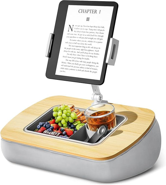 Tablet Stand Pillow with Snack Bowl, iPad Lap Holder for Hands-Free Reading and Relaxation on Bed,Couch,Recliner, 360° Rotating Clip for 4.7-13" Kindle,eBook,Tablet,iPhone (Birch Gray)