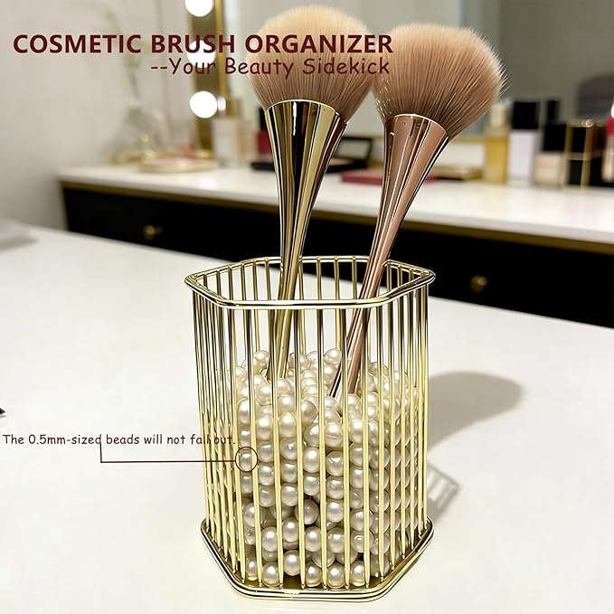 Gold Metal Pen Holder for Desk - Heavy Duty Makeup Brush Organizer Cup with, Pencil Holder for Office & Home, Storage for Stationery/Cosmetics/Art Supplies, Matte Finish, 4.8 Inch (Hexagon)