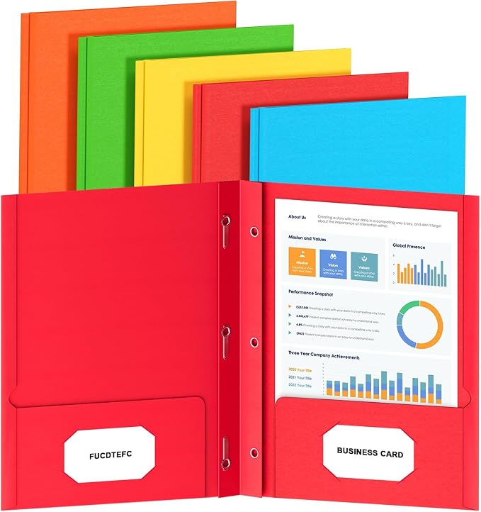 2 Pocket Folders with Prongs, 5 Pack Paper Folders with Pockets and Prongs | File Folders with Fasteners, Heavy Duty, Two Pocket 3 Prong Folders, for Office, School, Letter Size, 5 Bright Color