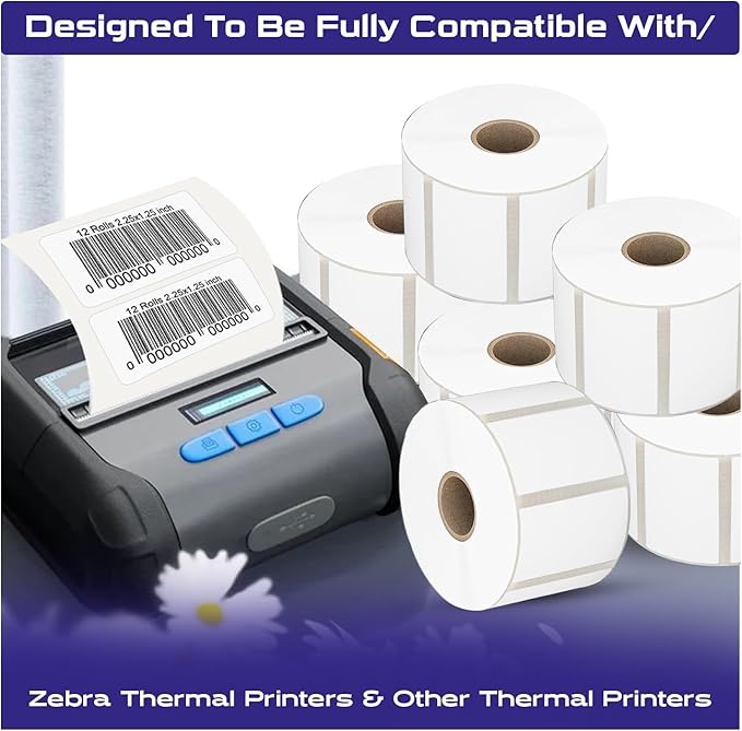 CEPRICO 2.25” x 1.25” Direct Thermal Labels – 12 Rolls (1000 Labels/Roll) Perforated Waterproof Barcode Address Sticker, Self-Adhesive White Label, Compatible w/Zebra & Rollo Printers for FBA Shipping