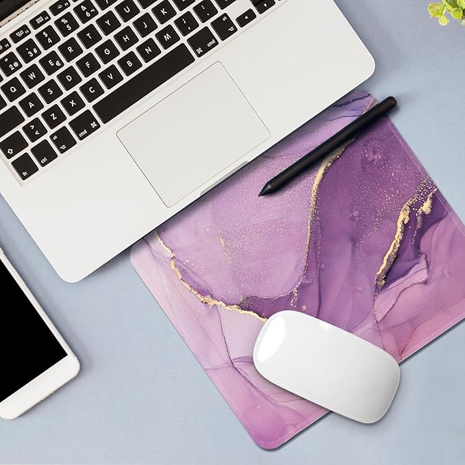 Mouse Pad with Stitched Edges - Elegant Marble Mousepad for Women, 9.25 x 7.75 inch Washable Square Desk Pad, Non-Slip Rubber Base, Office Home Laptop Accessories - Violet Marble