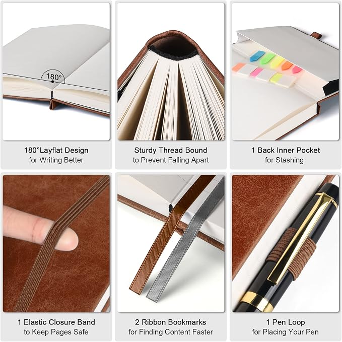 5 Pack College Ruled Notebook Bulk, A5, 312 Numbered Page Thick Journal Set | Cost-Effective 5 Pack 1600 Pages Total, 100gsm No Bleed Paper, Leather Hardcover, Lay-Flat, for Writing, Work, Employee Gifts