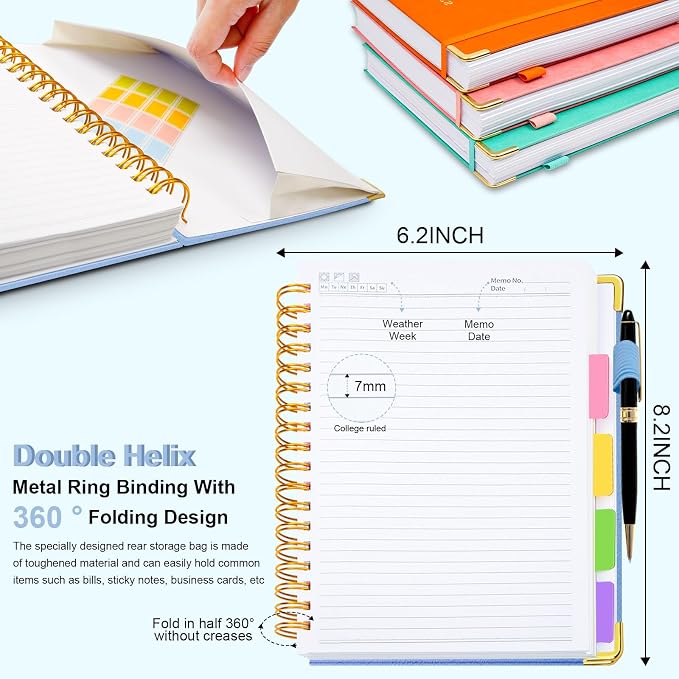 Hardcover Spiral Notebook 6.2"x 8.2" Journal Notebook with Tabs and Removable Dividers 300 Pages 5 Subject Notebook College Ruled, Faux Leather Spiral Bound Notebook for Women School Work(Lake Blue)