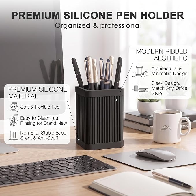 HighHerz Aesthetic Pen Holder For Desk, Modern Silicone Pencil Holder, Stylish Office Desk Decor, Made of 5 mm Thickened Premium Silicone, Office Desk Organizer And Accessories (Black)