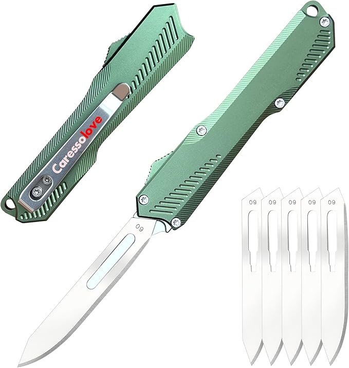 Self Retracting Utility Knife, Out The Front Knife Automatic, EDC Folding Scalpel Pocket Knife, 5PCS #60 Double Action Auto Retractable Cutting Blade, Retractable Razor Blades Boxcutter