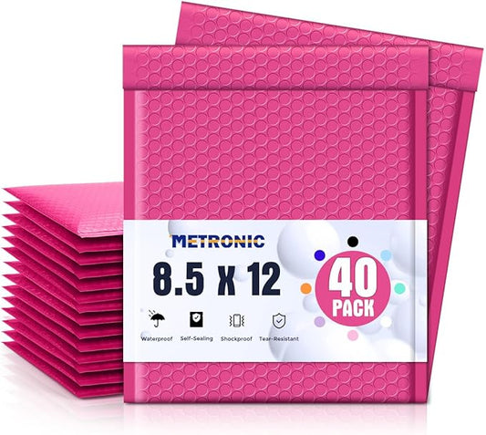 Metronic Bubble Mailers 8.5 x 12 Inch 40 Pack Pink Bubble Mailers Waterproof Padded Envelopes for Packaging, Shipping, Small Business Bulk