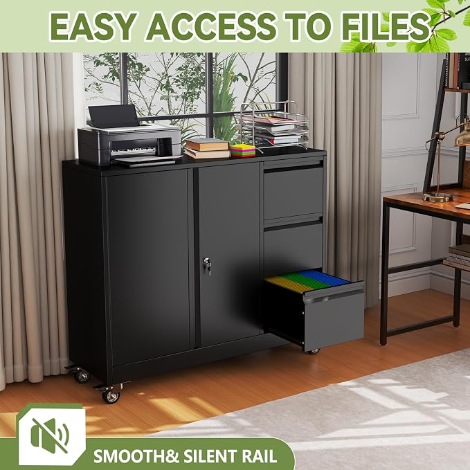 Mobile Large Lateral File Cabinet 3-Drawer,Home Office Rolling Filing Storage Cabinets with Lock & Wheels,Metal Printer Stand Office Storage A4,Letter Legal File Folders,Black