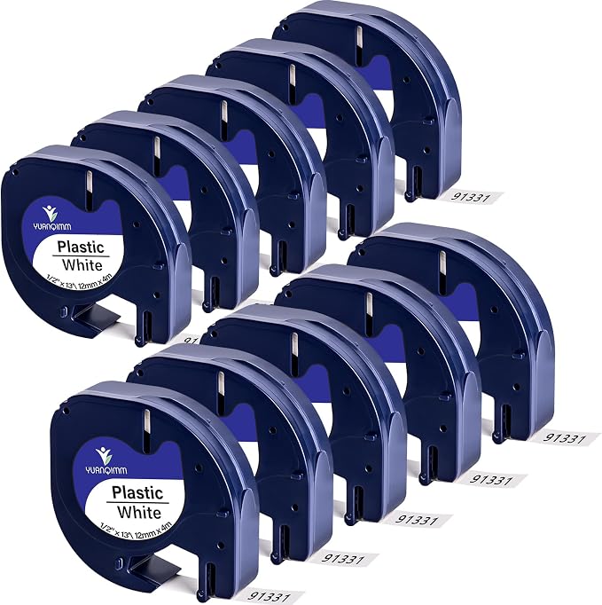 10-Pack 91331 Label Tape Compatible for DYMO Letra Tag White Plastic Refills 91331 S0721660 Black on White Tape for Letra Tag Label Maker LT100H LT100T QX50 Printer, 12mm x 4m, 1/2" x 13'