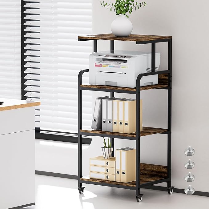 Extra Large Printer Stand with Wheels, 4-Tier Tall Printer Table, Printer and Shredder Stand with Storage Shelf for Home Office (Rustic Brown)