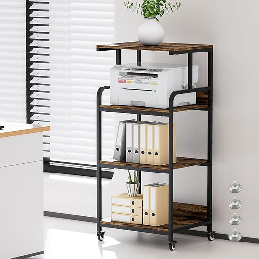 Extra Large Printer Stand with Wheels, 4-Tier Tall Printer Table, Printer and Shredder Stand with Storage Shelf for Home Office (Rustic Brown)