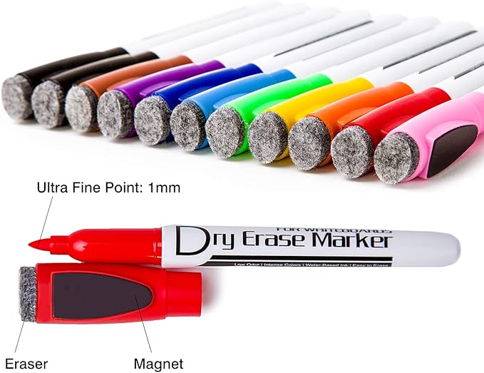 Volcanics Magnetic Dry Erase Markers With Eraser Cap Low Odor Fine Tip Whiteboard Pens Whiteboard Markers, Pack of 12, Red