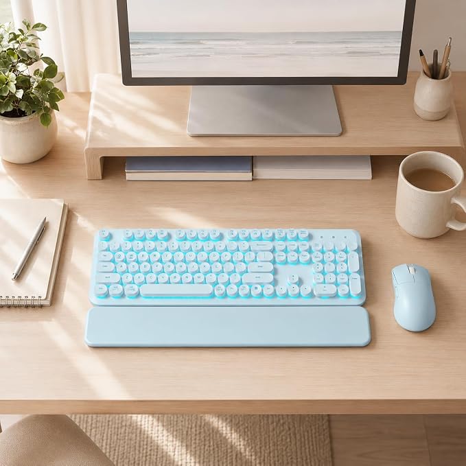 Rechargeable Backlit Wireless Keyboard and Mouse Combo, Retro Round Keycaps, Light Up Letters, Magnetic Wrist Rest, 2.4GHz Cordless for Mac Windows PC Laptop, Glowing Dusty Blue