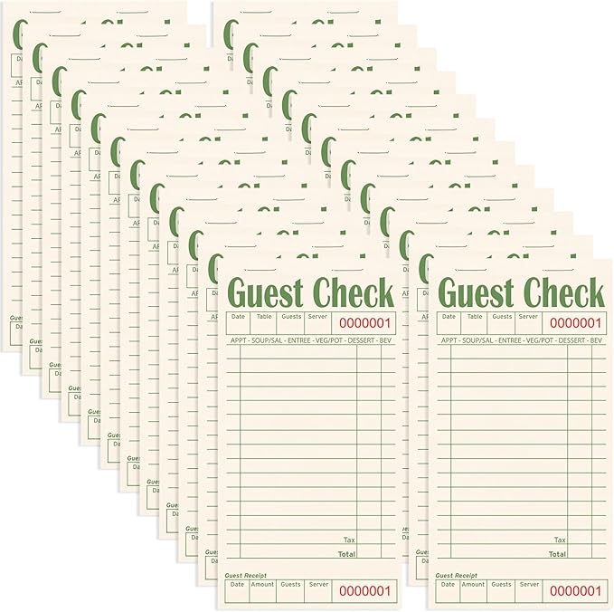 Guest Checks Books for Servers, Server Note Pads, 24 Pack, Natural Color Paper, Waitress Notepad for Restaurants, Waitress Accessories, 1200 Sheets, Green