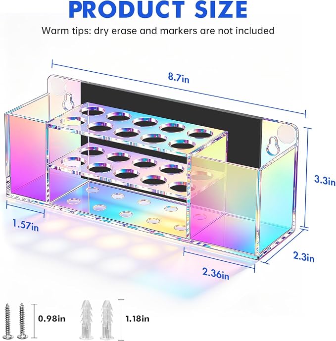Wall Mounted Magnetic Dry Erase Marker Holder for White Board | Acylic Strong Magnet Pen Holder for Fridge&Refrigerator, Pencil Holder for Classroom, Office, Locker Organizer-Colorful