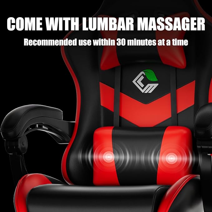 Gaming Chair, Ergonomic Office Computer Chair with Footrest and Lumbar Support Massager Racing Style High Back Video Gamer Chair, Wide＆Thick Cushion, 90°-135° Recline, Adjustable Height, Red