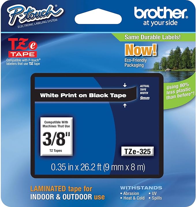 Brother Genuine P-Touch TZE-325, 3/8" (0.35") Wide Standard Laminated Tape, White Print on Black Tape, Laminated for Indoor or Outdoor Use, Water-Resistant, 0.35" x 26.2', Single-Pack, TZE325