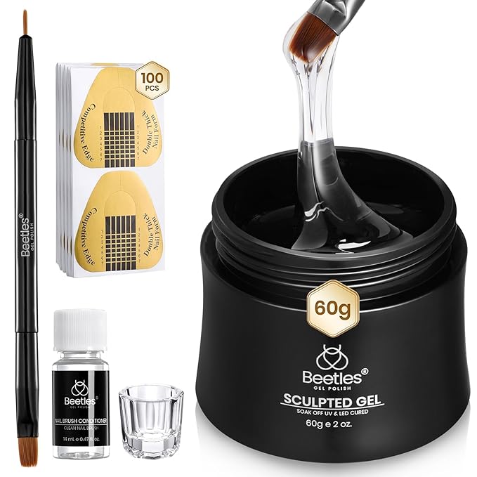 Beetles Hard Gel, 10 in 1 Large Capacity 60g Clear Scuplted Gel for Nail Extension,Sculpting & Overlays,Building,High Hardness with Nail Accessories for Pro Salon Use, LED & UV Lamp Needed