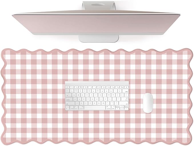 Scalloped‌ Pink Checkered Gingham Desk Mat Cute Pastel Large Mouse Pad Kawaii Cottagecore ‌Vintage‌ Girly Laptop Keyboard Computer Mat Pad Aesthetic Cozy Office Desk Decor for Women
