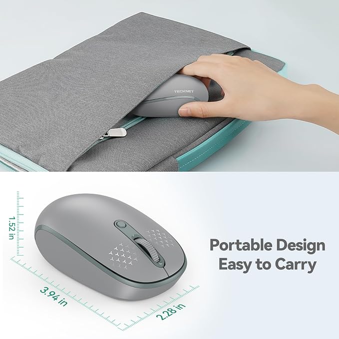 TECKNET Compact Ambidextrous Wireless Mouse for Laptop Grey | 2.4G Quiet Computer Mouse with USB Receiver, 3 Adjustable DPI Portable Cordless Mice for Chromebook, Laptop, PC, Mac