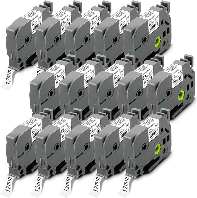 15x TZ Tape 12mm 0.47 Laminated White Replace for Brother Label Maker Tape Compatible with Brother P Touch Label Tape PTH210 PTD220 PTH110 PT-1280 PT-1880, Black on White, 1/2 Inch x 26.2 Feet