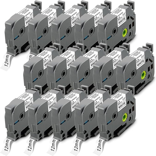 15x TZ Tape 12mm 0.47 Laminated White Replace for Brother Label Maker Tape Compatible with Brother P Touch Label Tape PTH210 PTD220 PTH110 PT-1280 PT-1880, Black on White, 1/2 Inch x 26.2 Feet