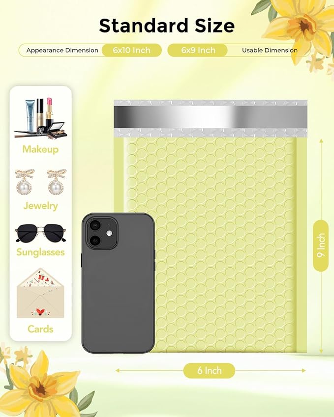 Metronic Bubble Mailers 6x10" 600 Pack Pale Yellow Self-Seal Padded Envelopes Usable Size 6x9" Waterproof Bubble Envelopes Bulk for Small Business Padded Mailers for Mailing Jewelry #0
