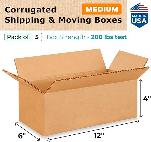 Medium Moving & Shipping Boxes 12 x 6 x 4 inches (5-Pack) - Extra Strength 200 lb vs Regular - Corrugated Boxes for Packaging, Made in USA - Shipping Box - Cardboard Shipping Box by IDL Packaging | Extra Strength 200 lb vs Regular - Corrugated Boxes fo...