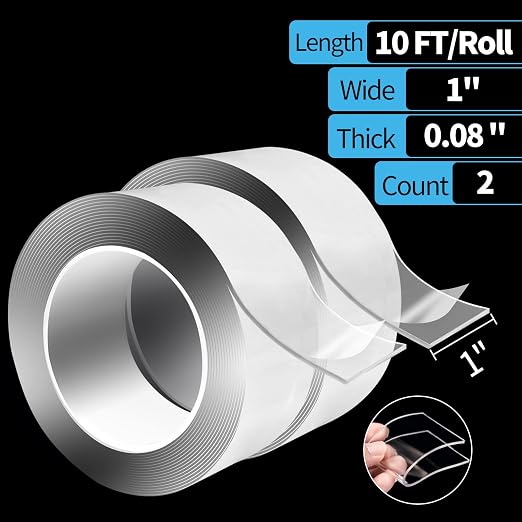 Art3d Nano Double-Sided Foam Tape, 1/12" x 1" x 10', 2-Roll Pack, Crystal | Strong Adhesion, Removable, Reusable, Waterproof, Residue-Free, Damage-Free, for Home, Office, Suitable for Renters, DIYers