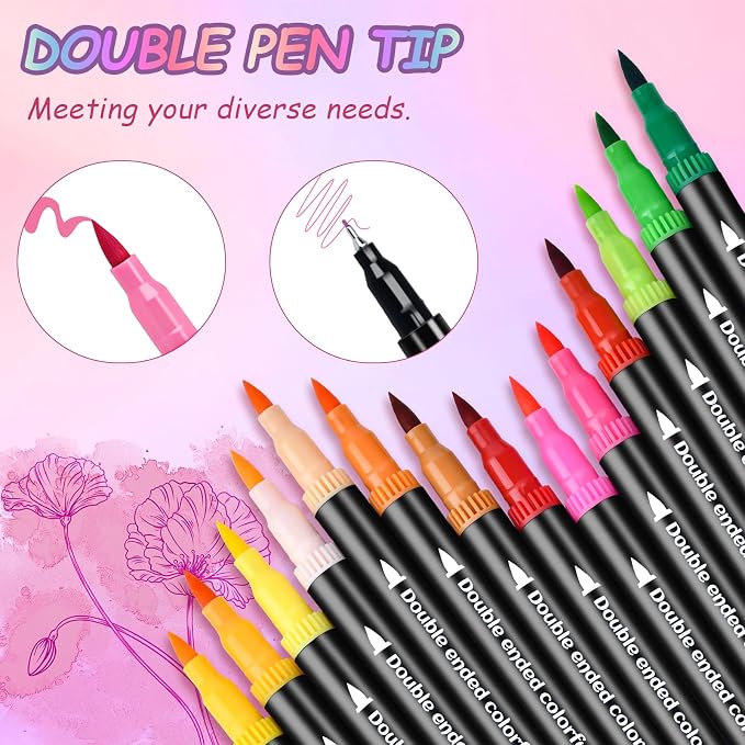 24 Colors Dual Markers Brush Pens, Art Markers Colored Pens for Adult Coloring Books, Brush and Fine Point Dual Tip Artist Colored Marker Set for Drawing Adult Coloring Hand Lettering