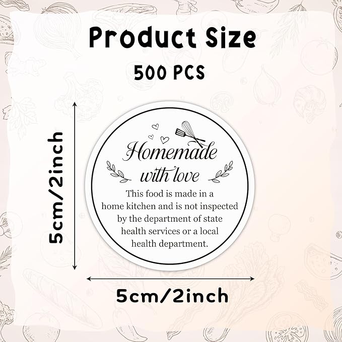 PANTIDE Cottage Food Law Labels Stickers - 500 Count Homemade with Love Adhesive Round Decal Roll, Made in a Home Kitchen Inspection Statement Thermal Printed for Baked Food Packaging (2 x 2 Inch)