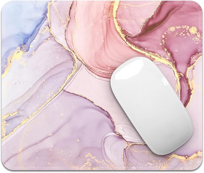 Mouse Pad with Stitched Edges - Elegant Marble Mousepad for Women, 9.25 x 7.75 inch Washable Square Desk Pad, Non-Slip Rubber Base, Office Home Laptop Accessories - Rose Marble