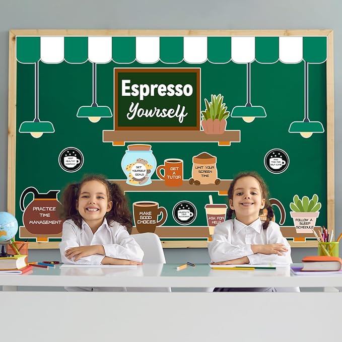 Coffee Bulletin Board Set Mental Health Classroom Bulletin Board Decorations Coffee Shop Motivational Cutouts Classroom Decorations for Back to School Office Home Chalkboard Decor Wall Door