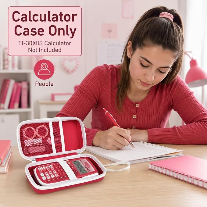 Red Calculator Case for TI-30XS/TI-30XIIS/TI-30Xa/TI-36X Pro | Hard EVA Shell, Two-Layer Mesh Pockets, Elastic Holder, Wrist Strap, 8.27x 3.94 x 2.36 in, School Exam Carry