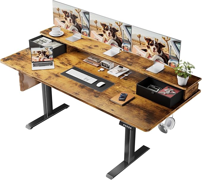 Veken 63x28 in Electric Standing Desk with Drawers, Adjustable Table, Brown | Stand up Computer Desk for Home Office, Work & Study, with Storage, 3 Memory Presets, Cable Organizer, Hook, and Quiet Lift.
