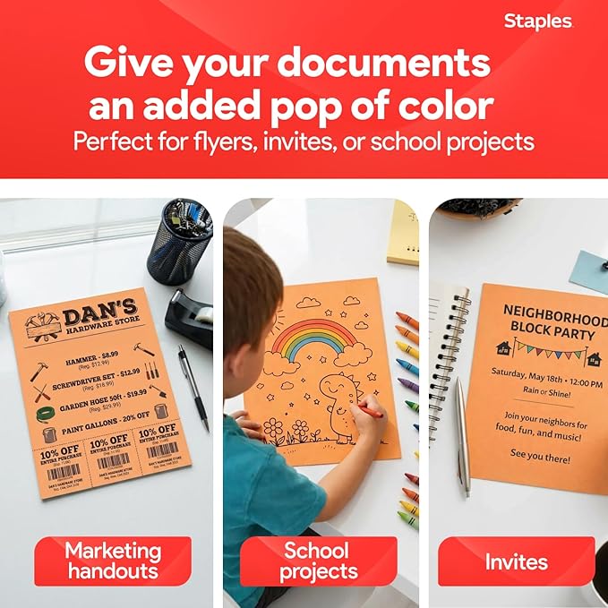 Staples Brights Colored Paper 8 1/2-Inch x 11-Inch Orange 500/Ream, For Office, School & Home