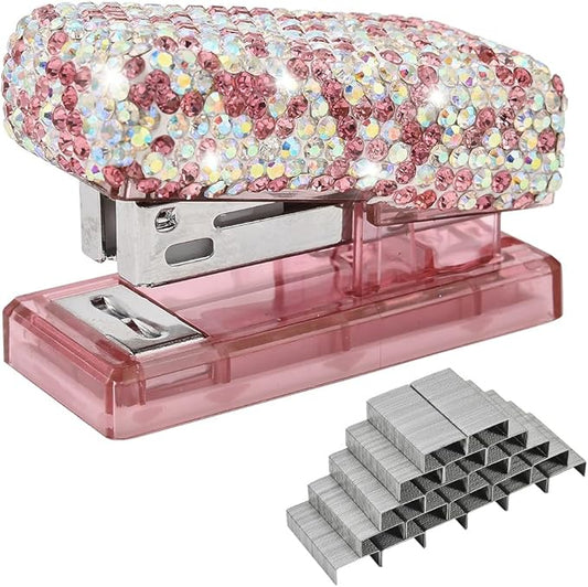 Bling Rhinestone Stapler, Sparkly Diamond Staplers, Cute Desk Stapler for Women & Girls, Bling Crystal Machine Pretty Office Stationery Kit (Pink with AB Color Plated, Small)