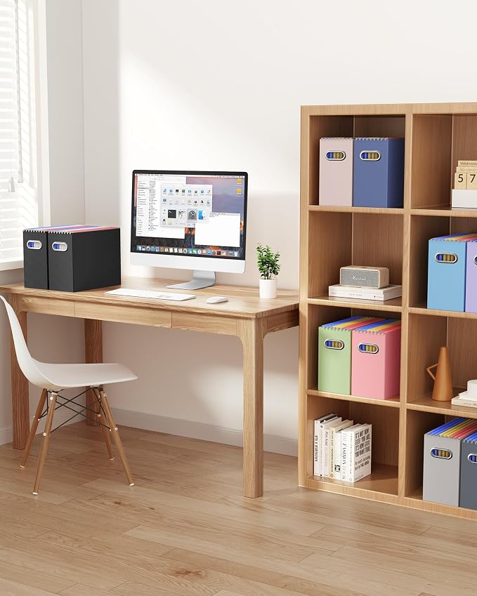 Portable Collapsible Cardboard File Box with Handle for Letter-Size | 4-Pack. Stainless Steel Handle. Label Stickers Included. Fits Letter Folders (Not Included). Home, Office, School, Dorm, Tax.