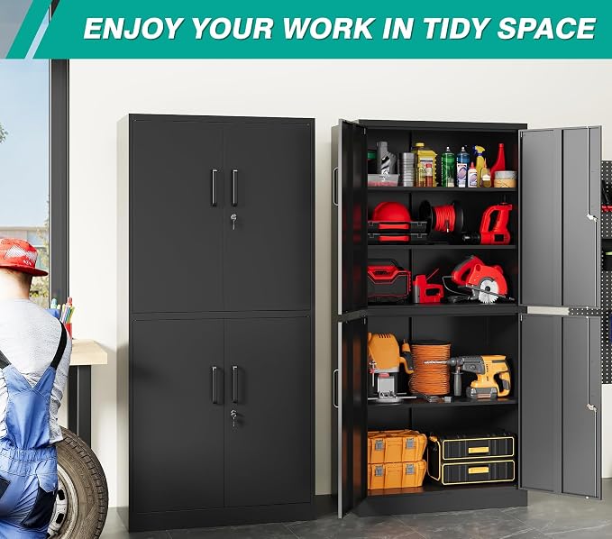 Metal Storage Cabinet with 3 Adjustable Shelves,Garage Storage Cabinet with Lock,Black Metal Cabinet with Locking Doors,Steel Cabinets 4 Doors,71" Lockable Storage Cabinets for Garage,Home,Office