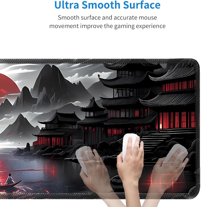 Japanese Sakura Mouse Pad, Red Moon, 31.5x11.8 Inch, Black Anime | Anime Desk Mat, Large, Non-Slip Rubber Base, Waterproof, Stitched Edges