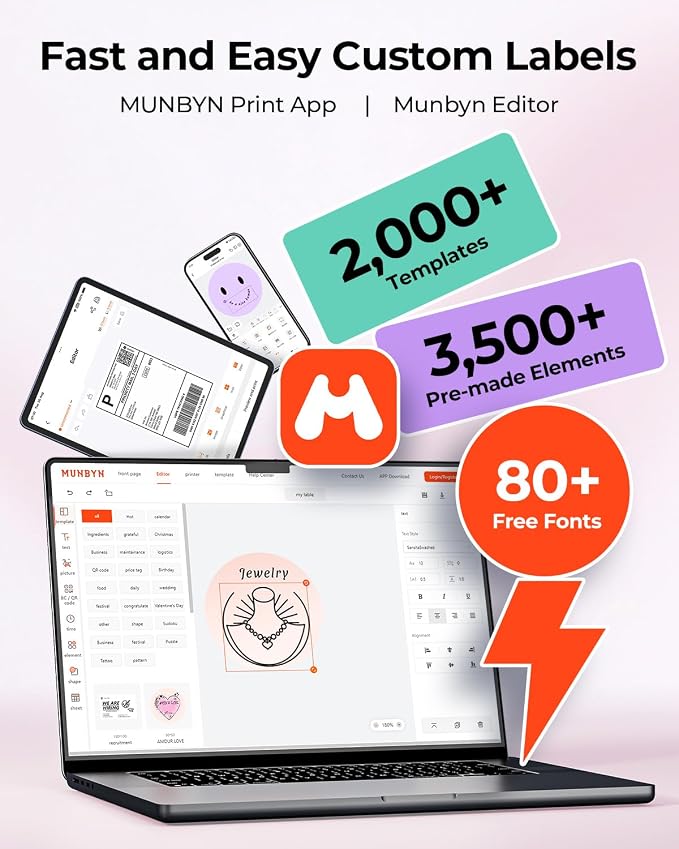 MUNBYN Bluetooth Thermal Label Printer, Wireless 4x6 Shipping Label Printer | Work for Small Business, Compatible with Android, iPhone, Windows, Mac, Chromebook, Print Width 1.57"-4.25"