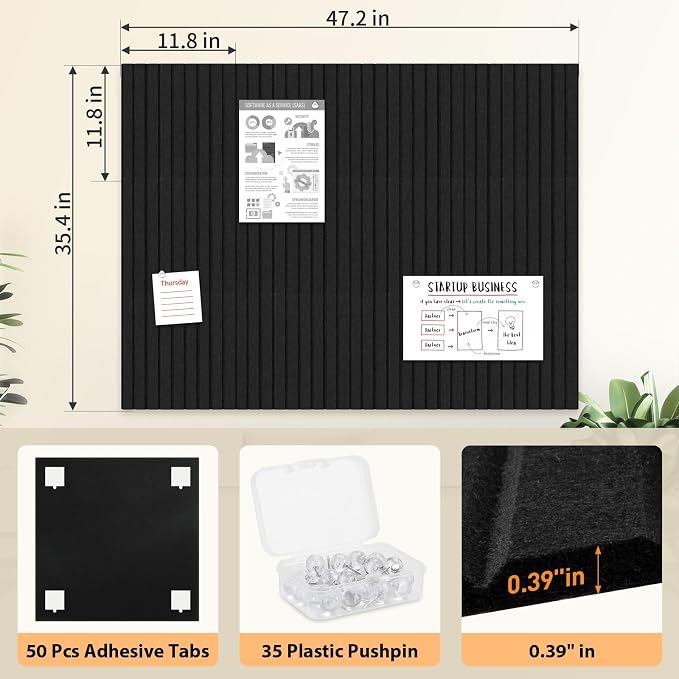 Large Felt Bulletin Board 48"x36"- 12 Pack Self-Adhesive Pin Board Tiles with 35 Push Pins & 50 Removable Tabs, Cork Board Alternative for Office, Classroom, Home & Kitchen Decor-Black